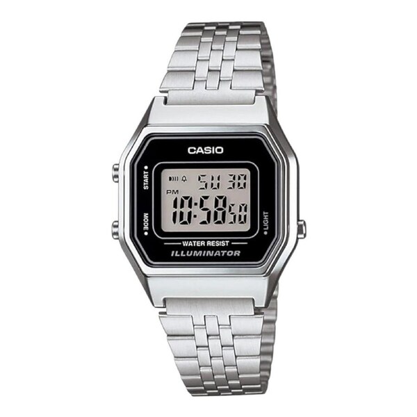Casio LA680WA-1D Silver Stainless Digital Watch Black Dial Retro 30M Women