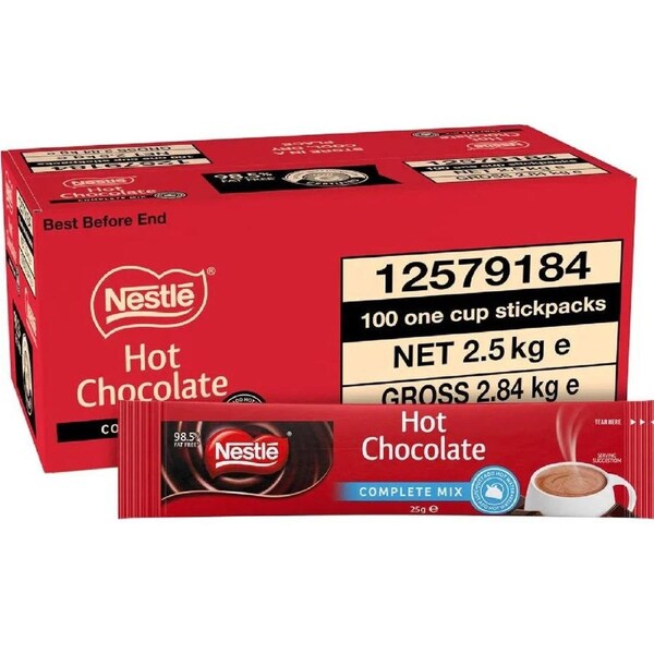 Nestle Complete Mix Hot Chocolate Individual Stick Sachets Portions 25g 100 Carton Bulk Box