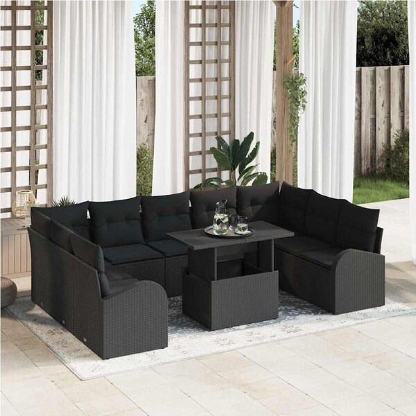 Garden Sofa Set with Storage 10 pcs Black Poly Rattan vidaXL