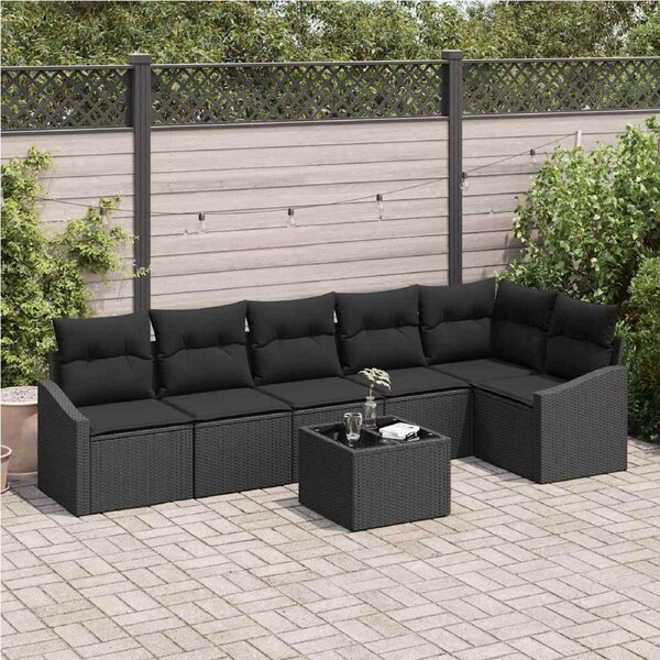 Garden Sofa Set with Cushion 7 pcs Black Poly Rattan vidaXL