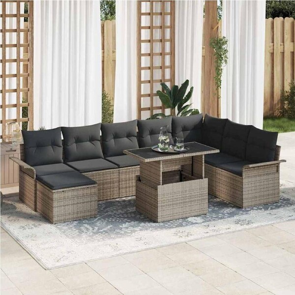 Garden Sofa Set with Cushion 9 pcs Grey Poly Rattan vidaXL