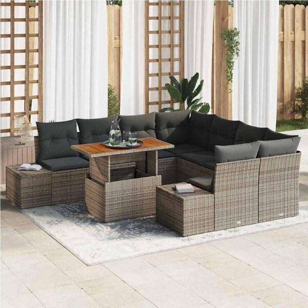 Garden Sofa Set with Storage 9 pcs Grey Poly rattan vidaXL