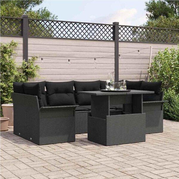 Garden Sofa Set with Cushion 7 pcs Black Poly rattan vidaXL