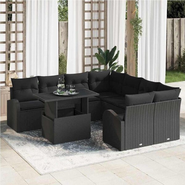 Garden Sofa Set with Storage 9 pcs Black Poly Rattan vidaXL