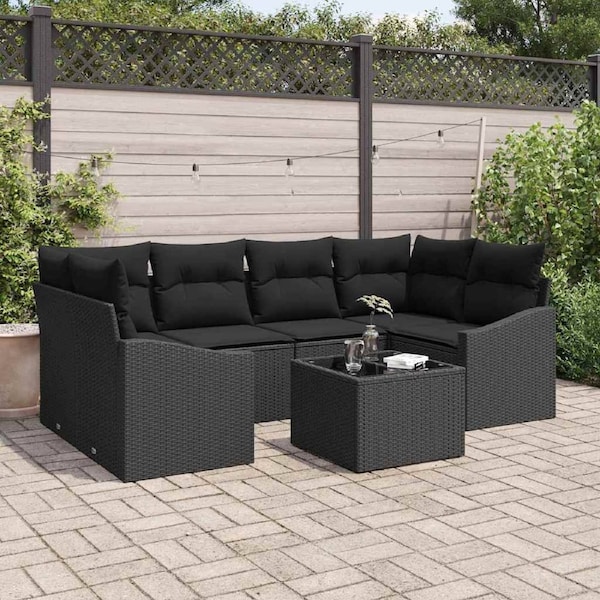 Sofa Set with Cushion with Pillow 7 pcs Black Poly Rattan vidaXL