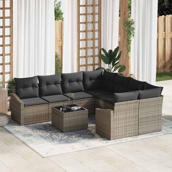 Sofa Set with Cushion Manual with Pillow 9 pcs Grey Poly Rattan vidaXL