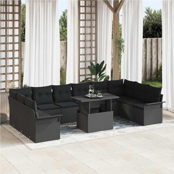 Garden Sofa Set with Cushion 11 pcs Black Poly rattan vidaXL