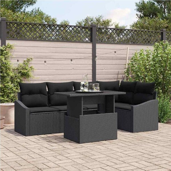 Garden Sofa Set with Cushion 6 pcs Black Poly Rattan vidaXL