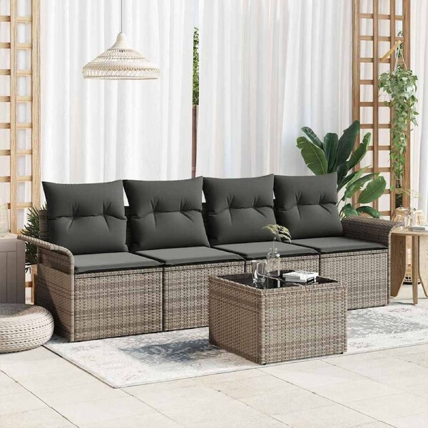 Sofa Set with Cushion 5 pcs Grey Poly Rattan vidaXL