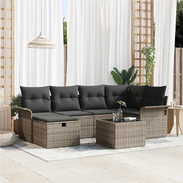Garden Sofa Set with Cushion Manual 7 pcs Grey Poly Rattan vidaXL