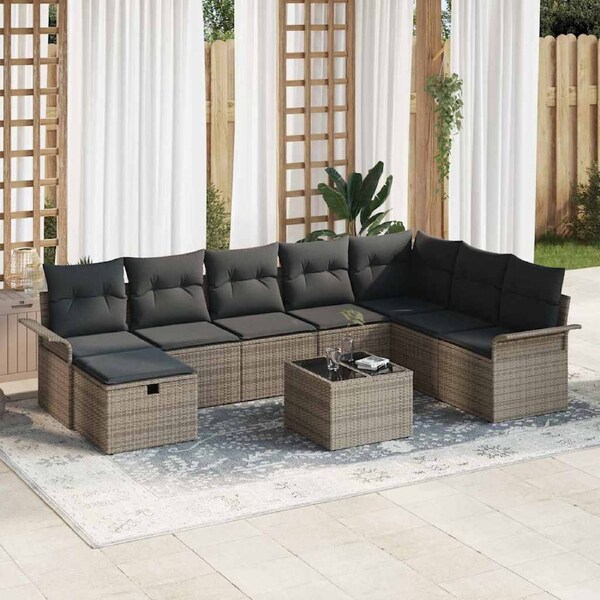 Garden Sofa Set with Cushion Manual 9 pcs Grey Poly Rattan vidaXL