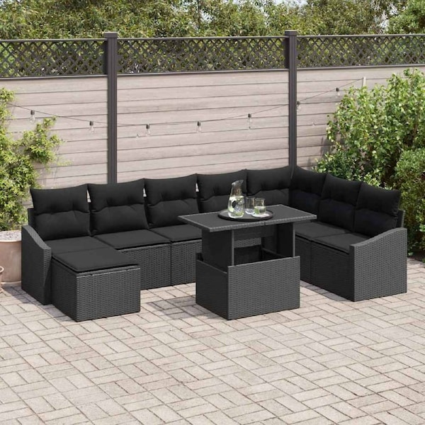 Sofa Set with Cushion with Storage 9 pcs Black Poly Rattan vidaXL