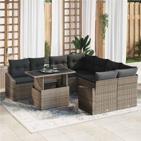 Garden Sofa Set with Storage 9 pcs Grey Poly rattan vidaXL