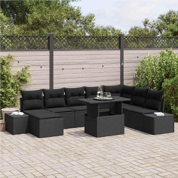Garden Sofa Set with Cushion 9 pcs Black Poly Rattan vidaXL