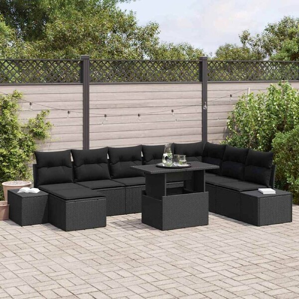 Garden Sofa Set with Storage 9 pcs Black Poly rattan vidaXL