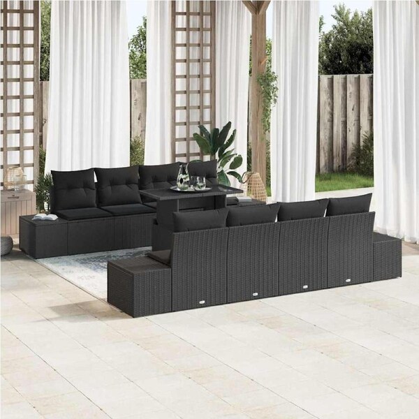 Garden Sofa Set with Cushion 9 pcs Black Poly Rattan vidaXL