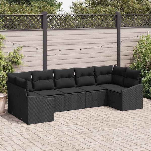 Sofa Set with Cushion 7 pcs Black Poly Rattan vidaXL