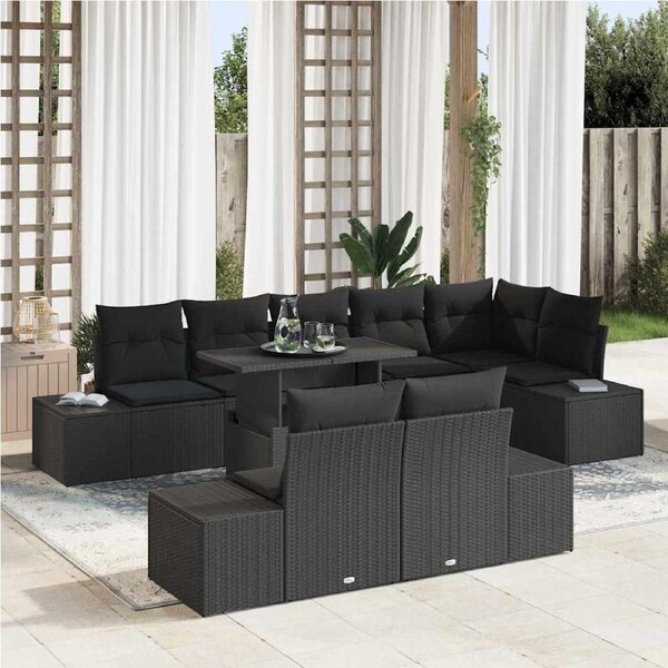 Garden Sofa Set with Cushion 9 pcs Black Poly Rattan vidaXL