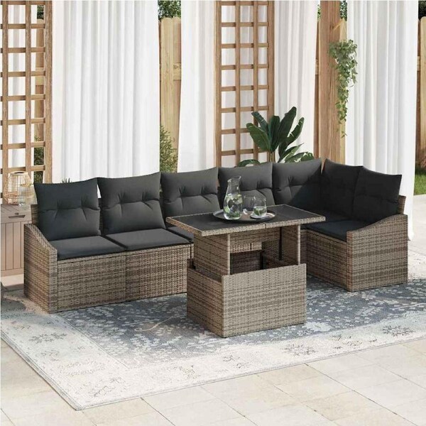 Garden Sofa Set 7 pcs Grey Poly Rattan & Powder-Coated Steel vidaXL
