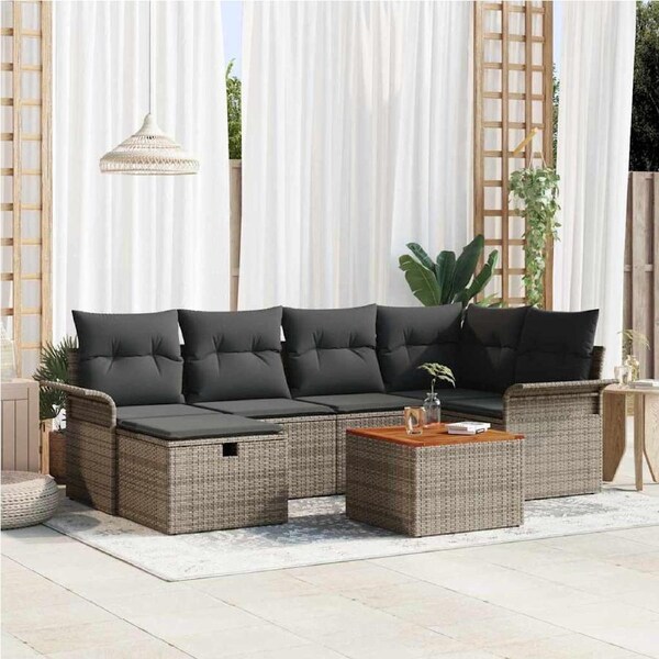 Garden Sofa Set with Cushion 7 pcs Grey Poly Rattan vidaXL