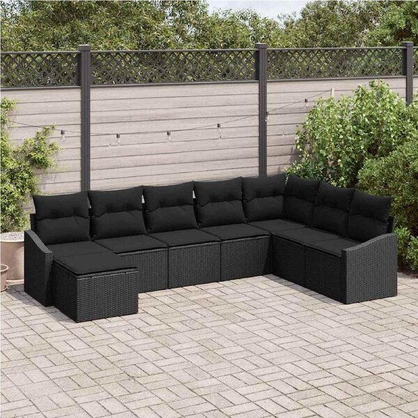 Garden Sofa Set with Cushion 8 pcs Black Poly Rattan vidaXL