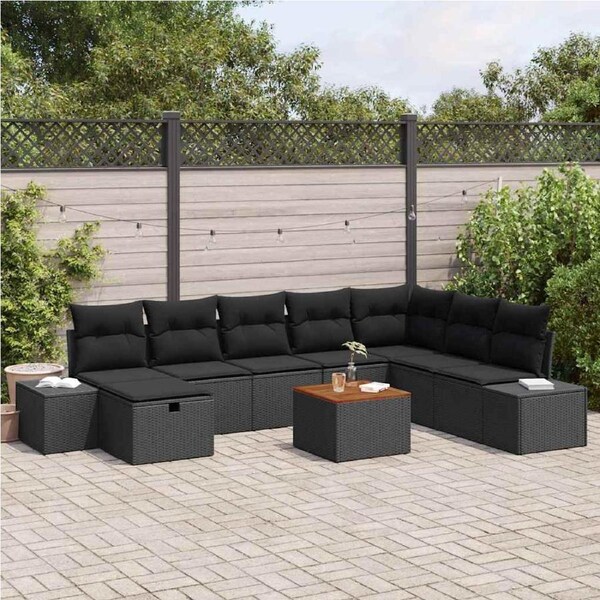 Garden Sofa Set with Cushion 9 pcs Black Poly Rattan vidaXL