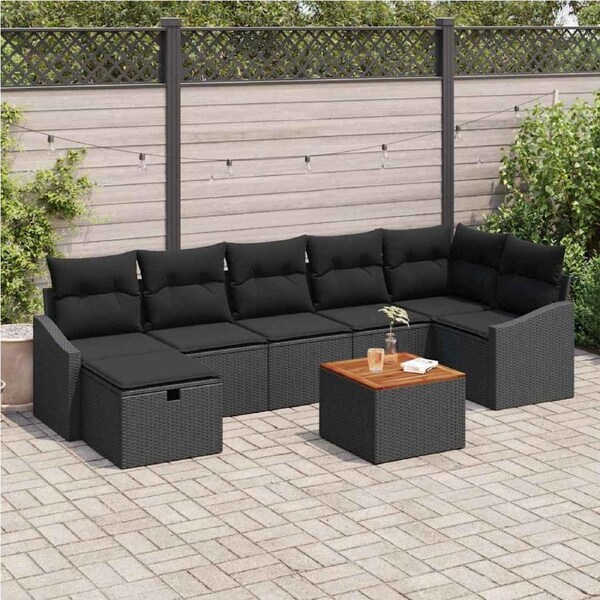 Garden Sofa Set with Cushion 8 pcs Black Poly Rattan vidaXL