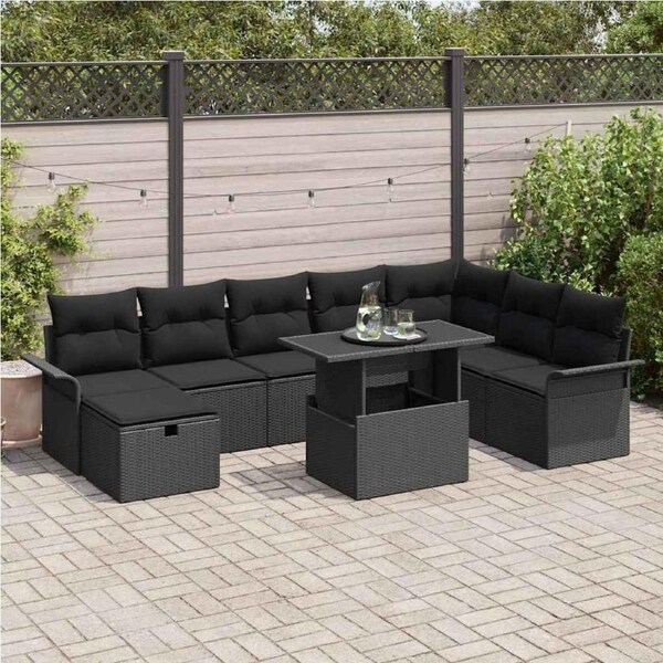 Garden Sofa Set with Cushion 9 pcs Black Poly rattan vidaXL