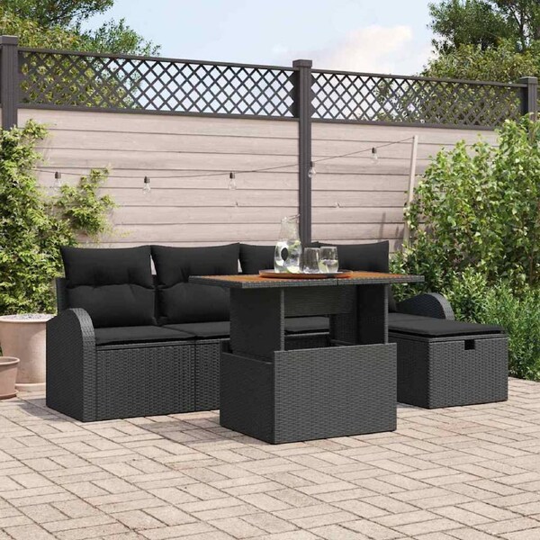 Garden Sofa Set with Cushion 6 pcs Black Poly Rattan vidaXL