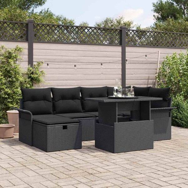 Garden Sofa Set with Cushion 7 pcs Black Poly Rattan vidaXL