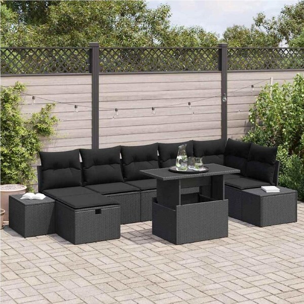 Garden Sofa Set with Cushion 8 pcs Black Poly rattan vidaXL