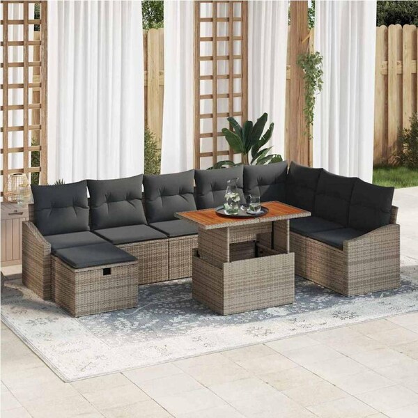 Garden Sofa Set with Cushion 9 pcs Grey Poly Rattan vidaXL