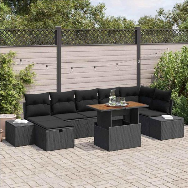 Garden Sofa Set with Cushion 8 pcs Black Poly Rattan vidaXL