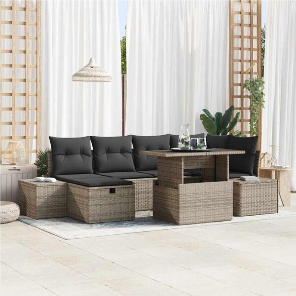 Garden Sofa Set Height-Adjustable 7 pcs Grey Poly Rattan vidaXL