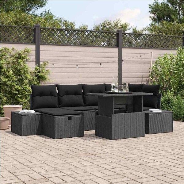 Garden Sofa Set Height-Adjustable 7 pcs Black Poly Rattan vidaXL