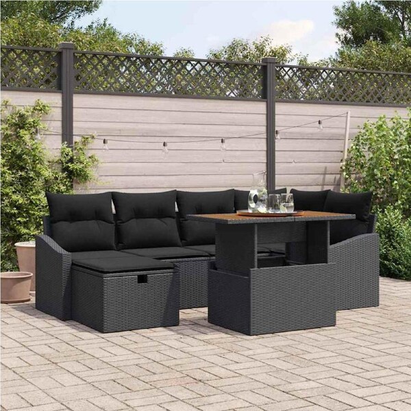 Garden Sofa Set Height-Adjustable 7 pcs Black Poly Rattan vidaXL