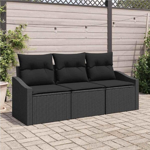 Garden Sofa Set with Cushion 3 pcs Black Poly Rattan vidaXL