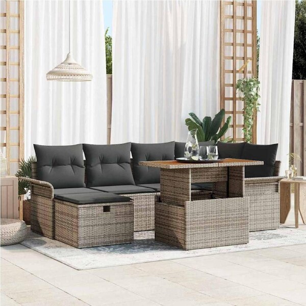 Garden Sofa Set with Cushion 7 pcs Grey Poly Rattan vidaXL