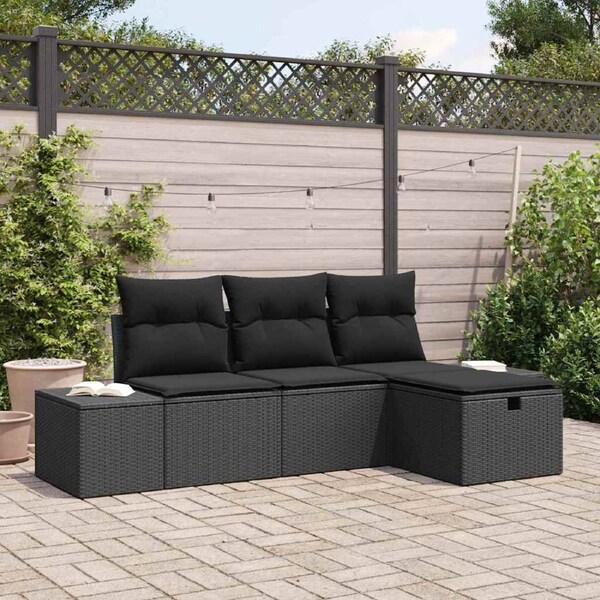 Garden Sofa Set with Cushion 4 pcs Black Poly rattan vidaXL
