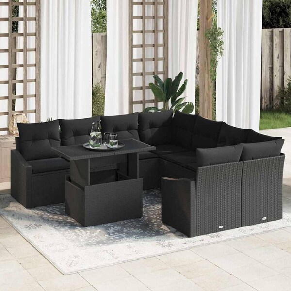 Garden Sofa Set with Cushion 9 pcs Black Poly Rattan vidaXL