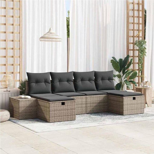 Garden Sofa Set with Cushion 6 pcs Grey Poly Rattan vidaXL