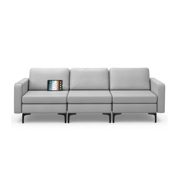 Costway 3-Seat Sofa Bed Fabric Lounge Sofa w/Type-C & USB Charging Port Upholstered Couch Living Bedroom