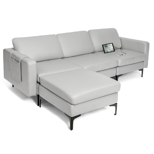 Costway 3-Seat L-shaped Sofa Bed Fabric Lounge Couch w/Charging Port Ottoman Upholstered Living Bedroom