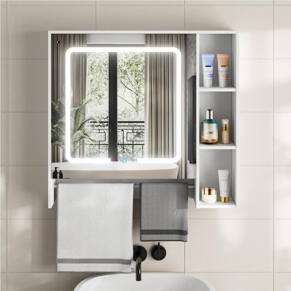 Advwin 730 x 700mm LED Bathroom Mirror Cabinet Wall Storage Adjustable Shelf & Towel Bar White