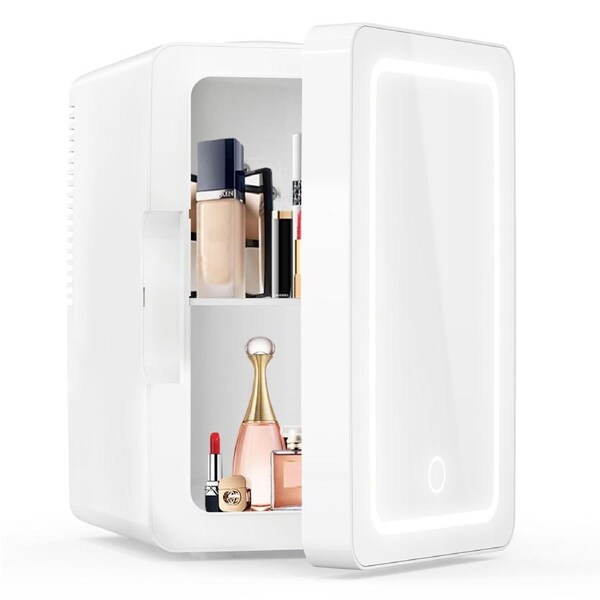 Advwin Mini Fridge for Bedroom, Skincare Makeup Fridge With LED Mirror, 6L Car Fridge for Cosmetics, SkinCare, Food, Portable Small Refrigerator for Cooler & Warmer - White