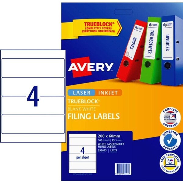 4UP AVERY Filing Labels 200 x 60 mm 100 Labels/25 Sheets L7171