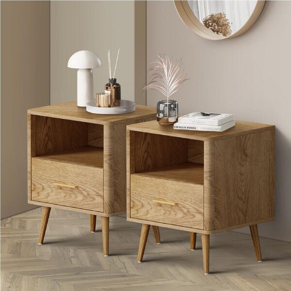 Oikiture 2x Bedside Table 1 Drawer Open Shelf Side End Tables Nightstand Natural