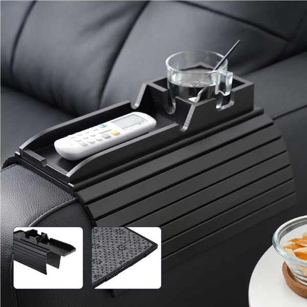 ACA 2in1 Foldable Bamboo Slide-Away Sofa Armrest Tray & Non-Slip Base Black Lounge