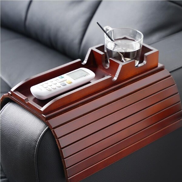 ACA 2in1 Foldable Bamboo Slide-Away Sofa Armrest Tray & Non-Slip Base Burgundy Lounge