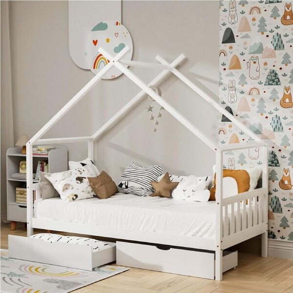 Artiss Wooden Bed Frame Kids Single House Beds with Drawers
